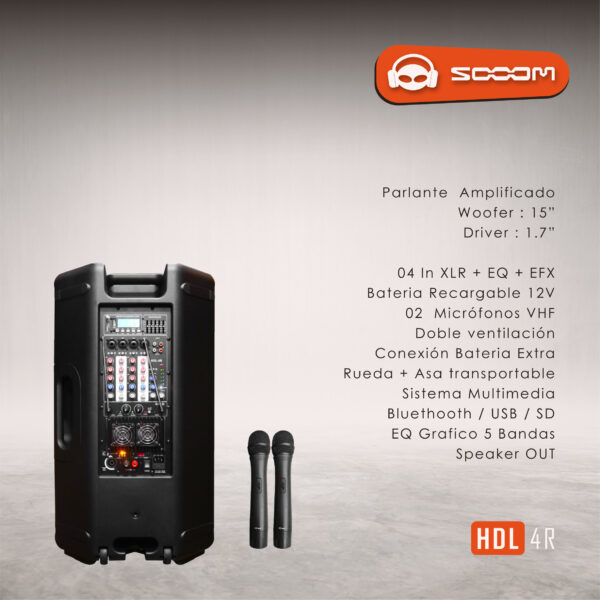 HDL-4R Parlante Recargable de 15” + 2 Micrófonos - Imagen 2